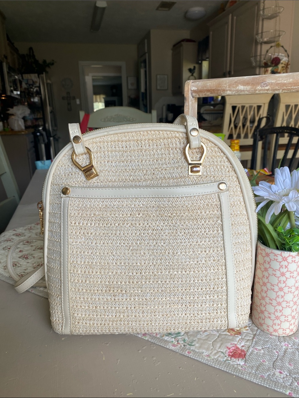 Miztique Cream Woven Backpack with Gold Accents